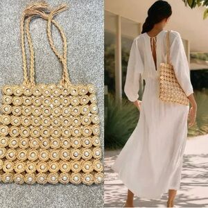 Anthropologie Pearl Raffia Tote Woven Bag Beach Boho Vacation Unfinished Handle